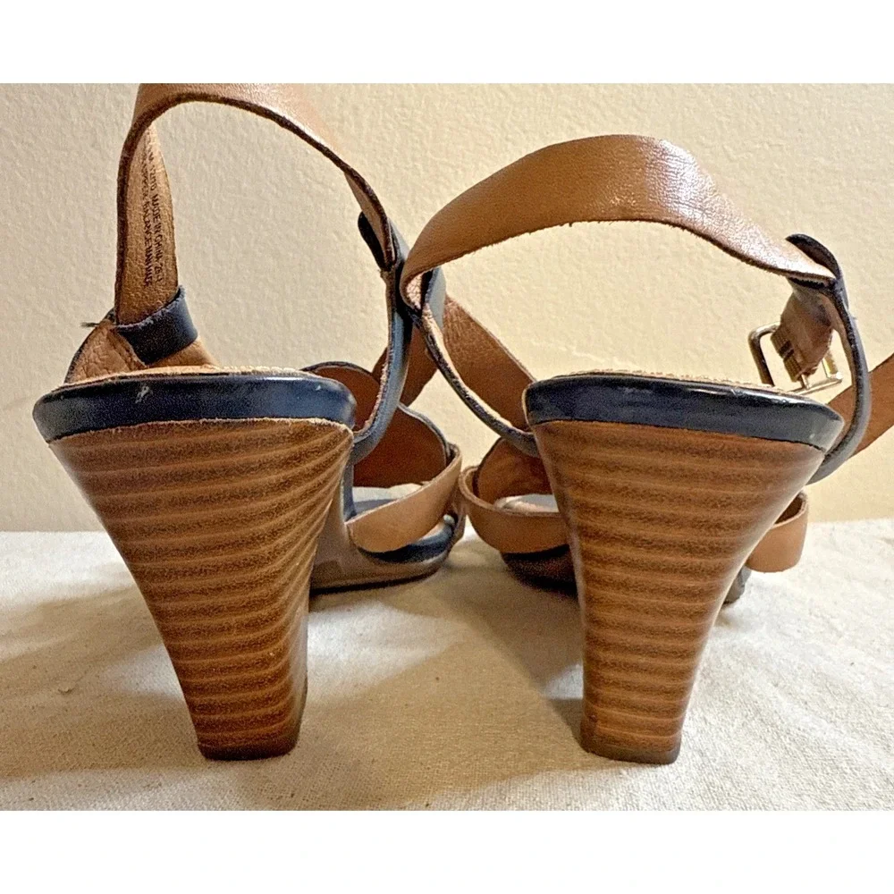 Clarks Blue Brown Leather Adjustable Ankle Strap High Wedge Heel Sandals Sz‎ 7.5